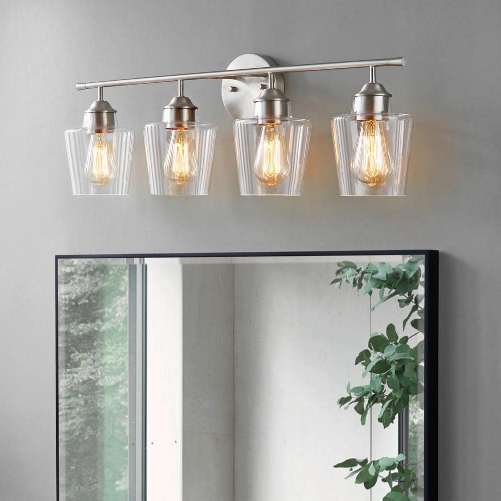 Brushed Nickel 4-Light Dimmable Bathroom Vanity Light with Glass Shades