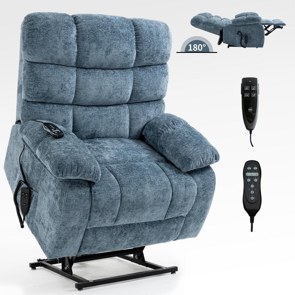 Blue Dual Motor Chenille Lift Recliner Heat Massage Infinite Position with 