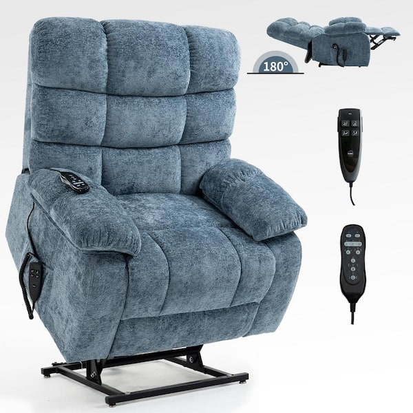 Blue Dual Motor Chenille Lift Recliner Heat Massage Infinite Position with Power-Remote, Medium-Firm and Heavy Duty