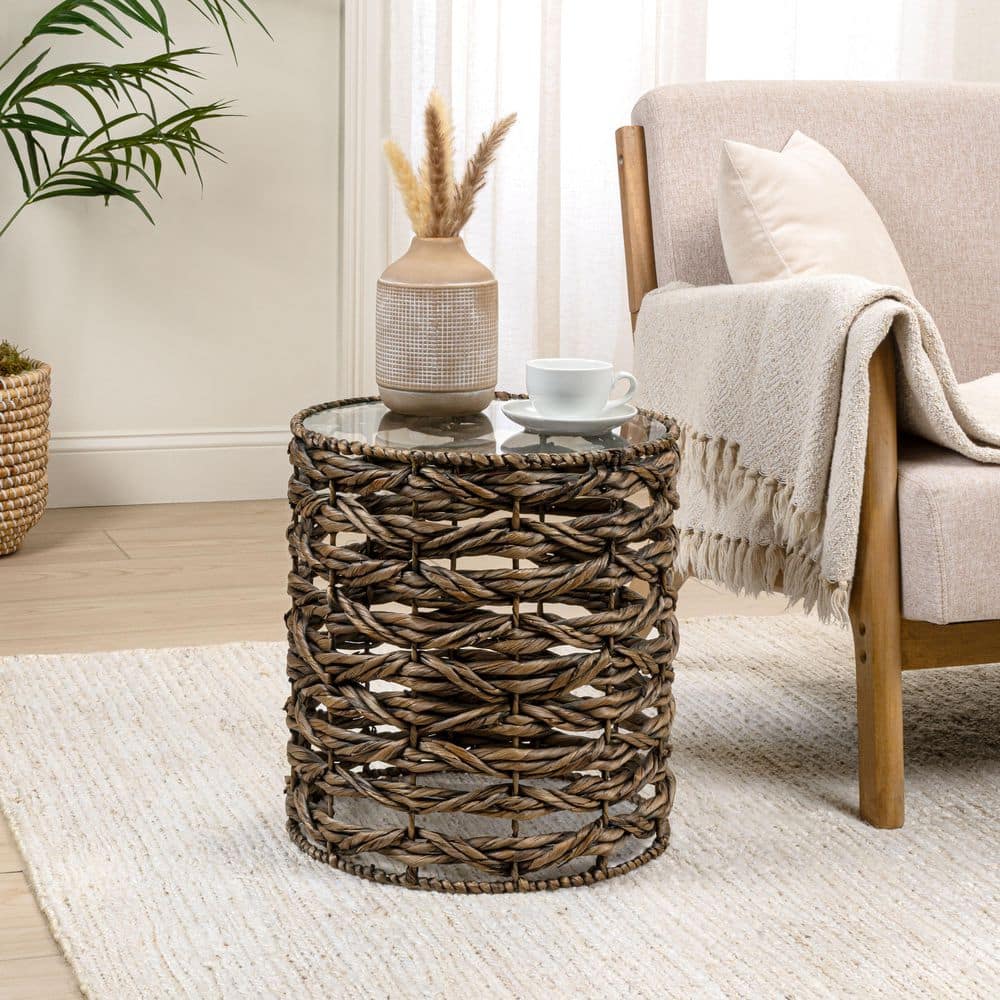 Malaya 16 in. Bohemian Coastal Handwoven Water Hyacinth Open Weave Round End Table with Glass Top, Brown