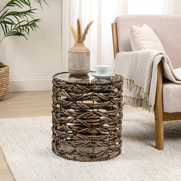 Malaya 16 in. Bohemian Coastal Handwoven Water Hyacinth Open Weave Round End Table with Glass Top, Brown