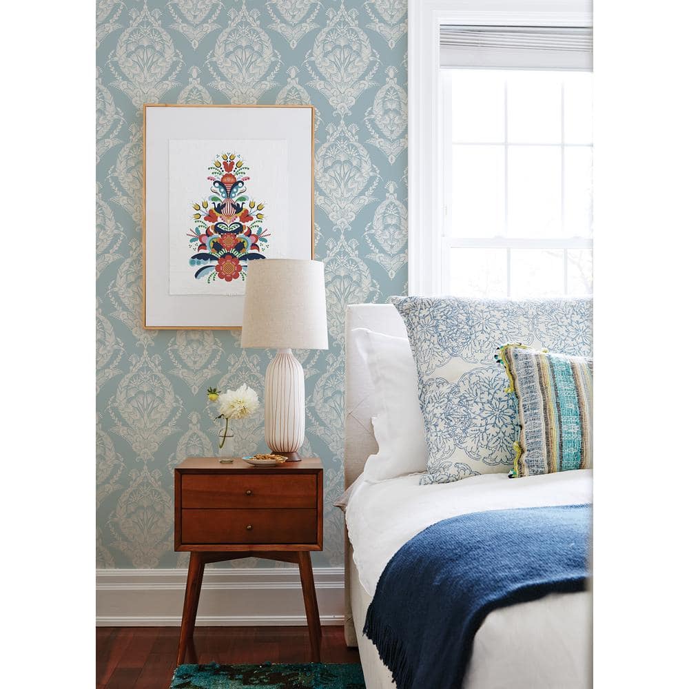 Arlie Light Blue Botanical Damask Non-Woven Wallpaper Roll