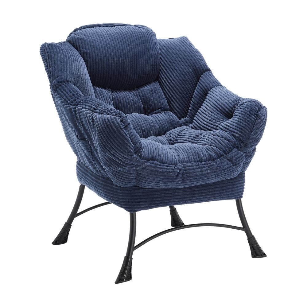 UOI Navy Blue Soft Flannelette Accent Chair with Ottoman, Set of 1 with Steel Frame, Side Pocket, and Ergonomic Curved