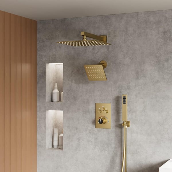 YAWWALK Thermostatic 7-Spray 12 in. and 6 in. Wall Mount Shower System with Hand Shower 2.5 GPM in Brushed Gold(Valve Included)