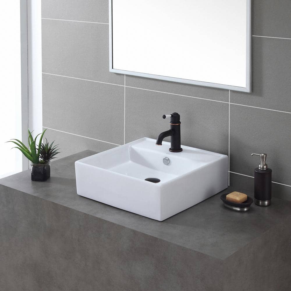 Modern Square White Ceramic Vessel Bathroom Sink, 18.5"
