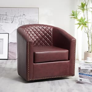 Modern Red Small Swivel Faux Leather Tufted Upholstered Barrel Accent Arm Chair