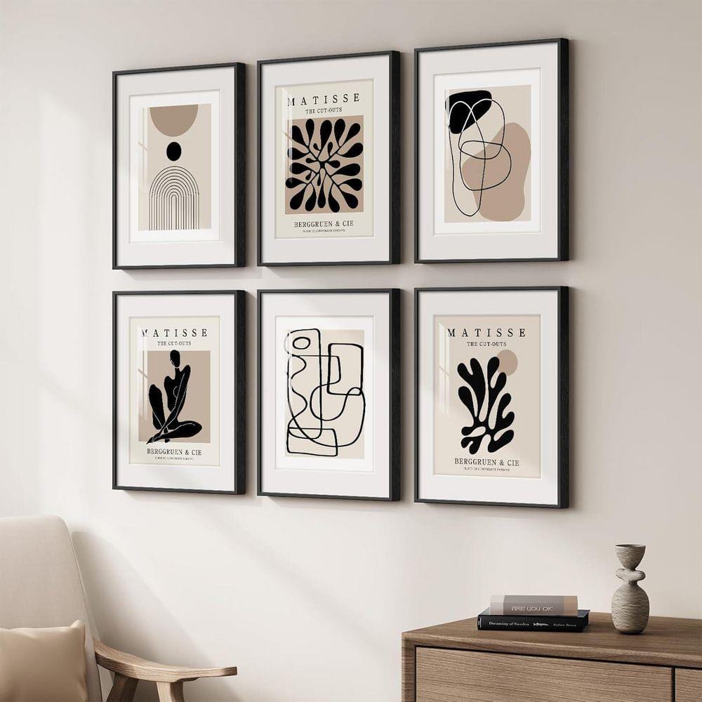 6 Piece Framed Neutral Abstract Wall Art Poster 14 in. x 11 in