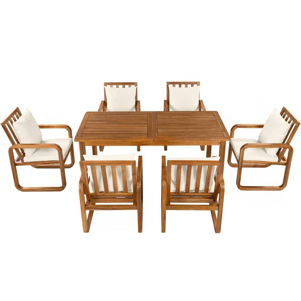 7-Piece Natural Wood Outdoor Dining Set with Beige Removable Cushions for Patio, Backyard price history on PriceWatchPro