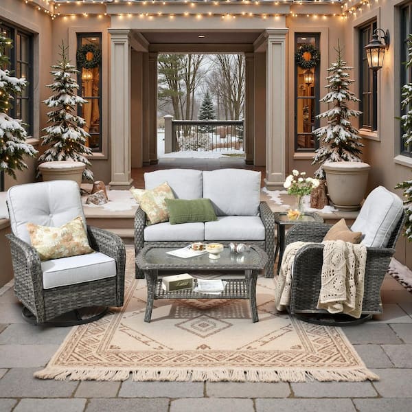 Toject Denali Gray 5-Piece 4-Seat Wicker Modern Outdoor Patio Conversation Sofa Swivel Chair Set with Light Gray Cushions