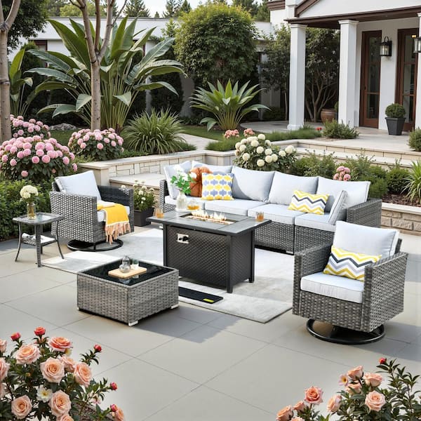 Sanibel Gray 9-Piece Wicker Outdoor Patio Conversation Sofa Sectional Set with a Metal Fire Pit and Light Gray Cushions