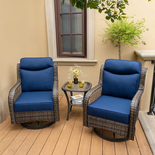 3-Piece Wicker Patio Conversation Set with 5 in. Thick Blue Cushions, High Back Outdoor Swivel Rocker Chairs Set