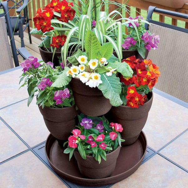 13 in. 3-Tier Resin Flower and Herb Vertical Gardening Planter in Brown