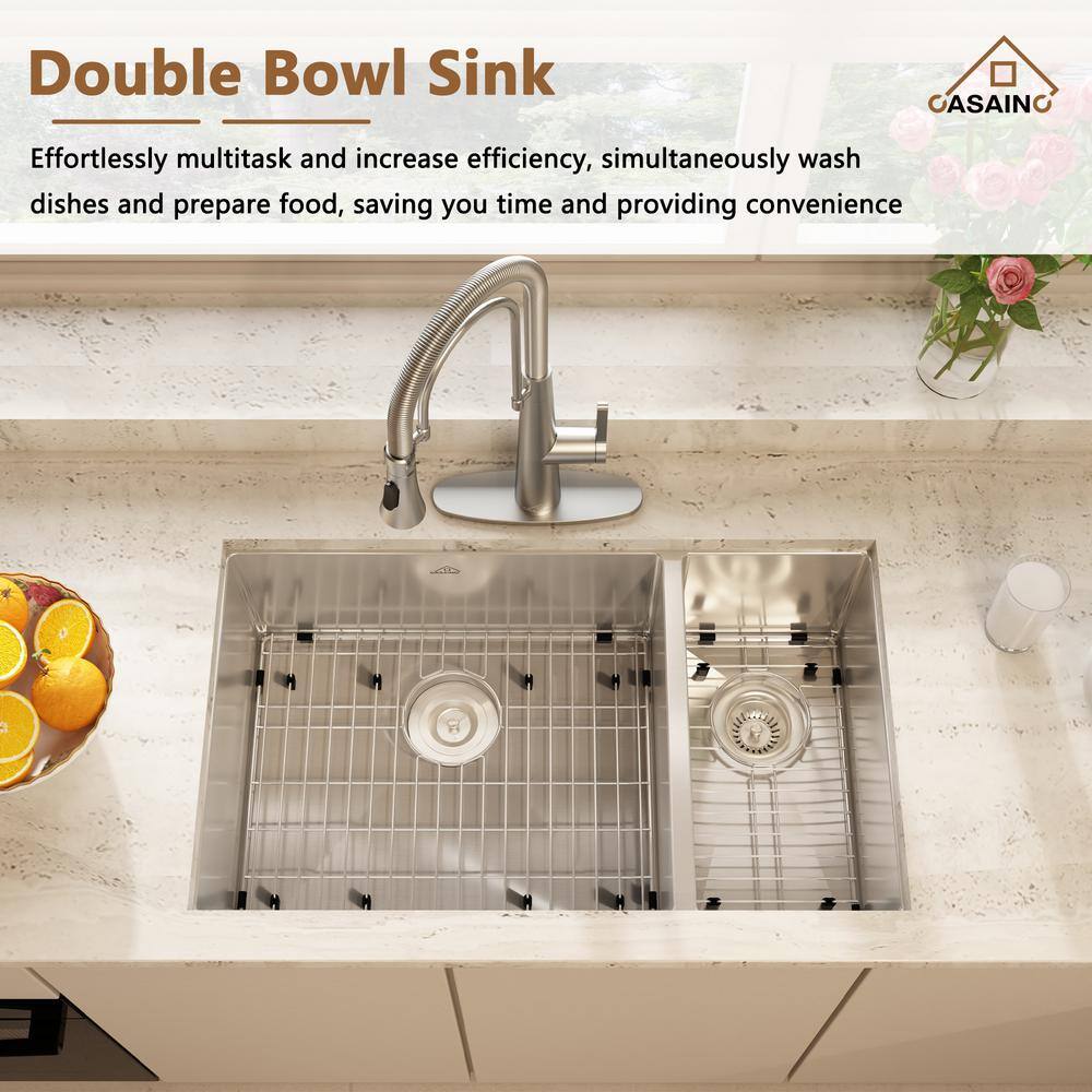 32" Satin Stainless Steel Undermount Double Bowl Kitchen Sink with Faucet