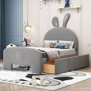 Gray Wood Frame Twin Velvet Upholstered Platform Bed with Rabbit-Shaped Headboard, Bed-End Storage Pocket, Drawers