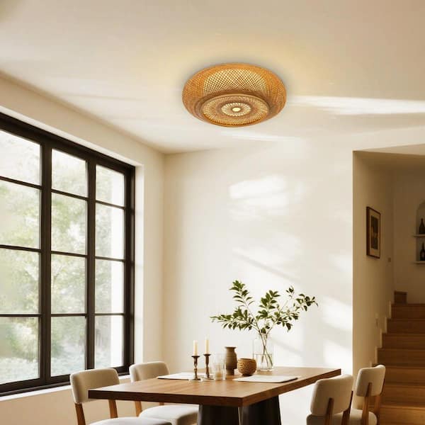 19.69 in. 3-Light Natural Brown Woven Chandelier Style Flush Mount with Round Woven Shade and No Bulbs Included 1-Pack