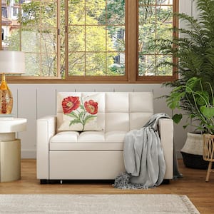 64.9 in. W Beige Cotton Twin Size Convertible Sofa Bed Pull out Sleeper, Loveseat With Adjustable Backrest, Square Arms