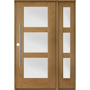 Modern Faux Pivot 50 in. W. x 80 in. 3-Lite Right Inswing Satin Glass Bourbon Stain Fiberglass Prehung Front Door RSL