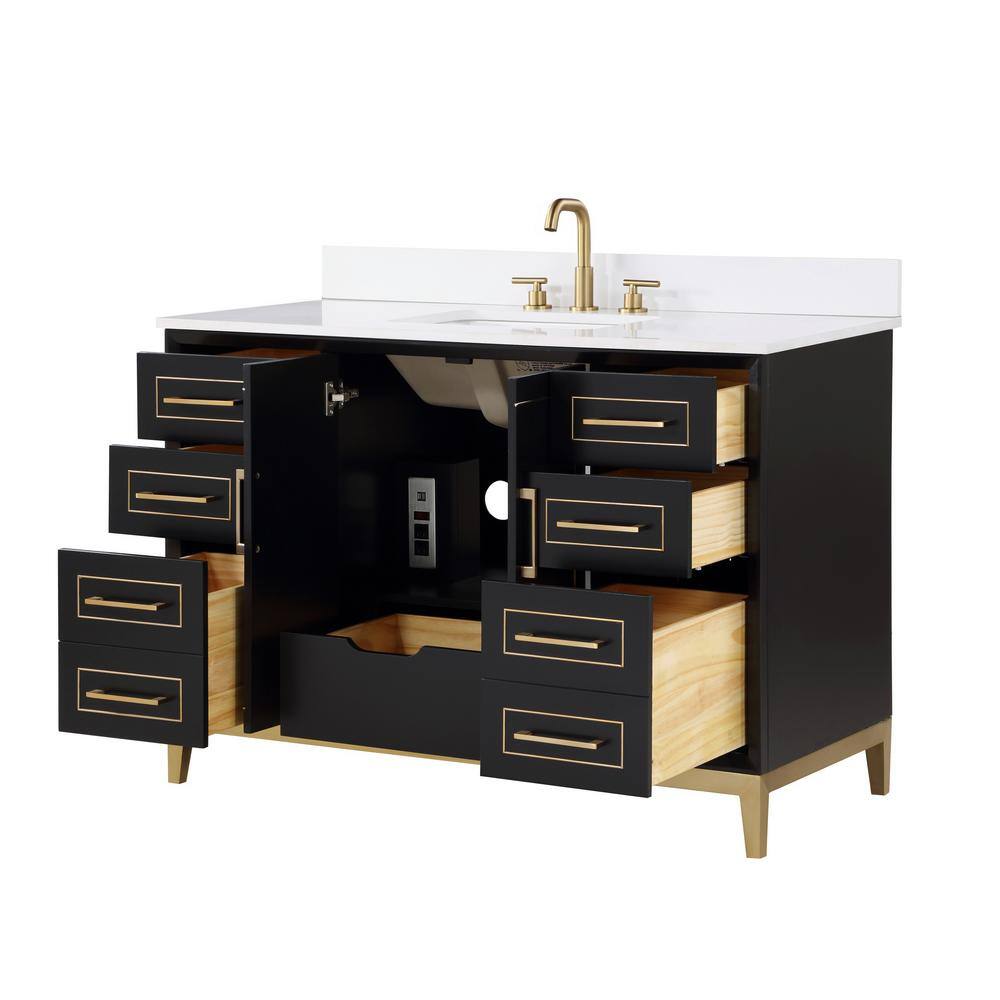 Midnight Black and White Quartz 48'' Bathroom Vanity with Brass Accents