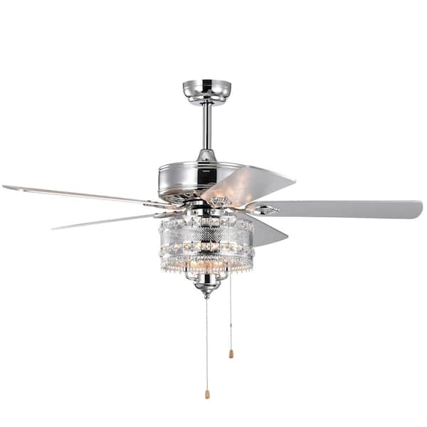 HKMGT Modern 52 in. Indoor Chrome Ceiling Fan with Hand Pull Chain, 2-Color-Option Blades and Crystal Lampshade Included