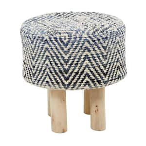 17 in. Blue Cotton Chevron Stool with Wood Legs