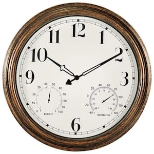 16 in. Bronze Large Outdoor Wall Clock, Waterproof Vintage Non-Ticking Clock with Thermometer and Hygrometer Combo