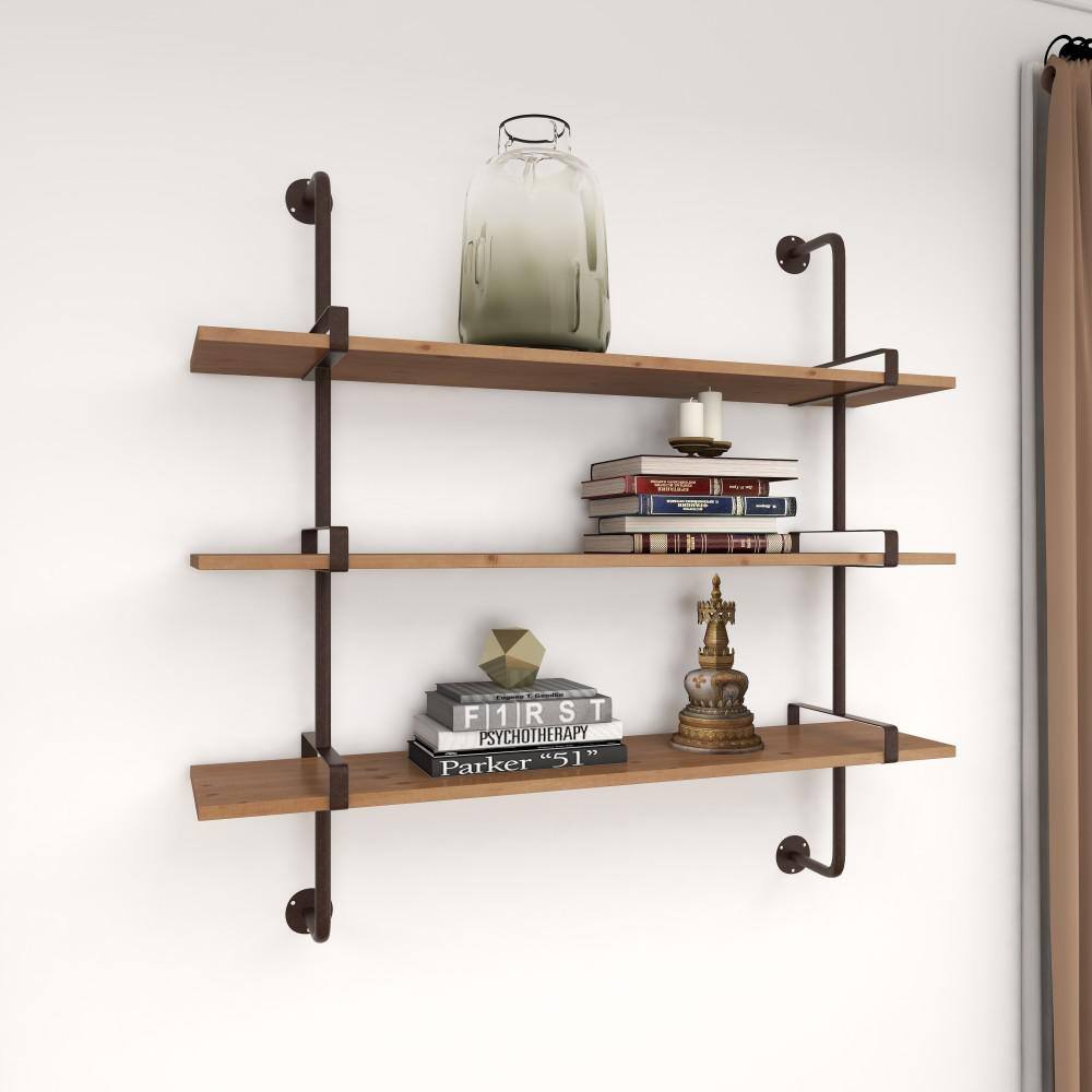 Elegant 38'' Brown Wood Floating Wall Shelf with Five Sections