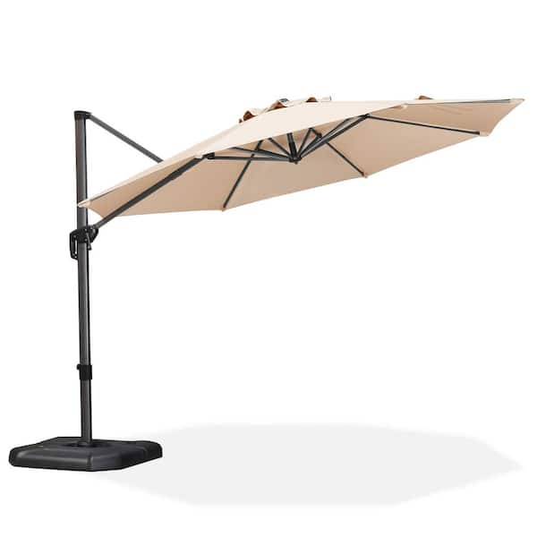 PURPLE LEAF 11 ft. Octagon Aluminum Outdoor Patio Cantilever Umbrella Offset 360-Degree Rotation Umbrella with Base in Ground, Beige