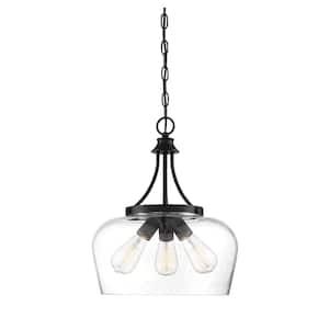 Octave 15 in. W x 18 in. H 3-Light Matte Black Shaded Pendant Light with Clear Glass Shade