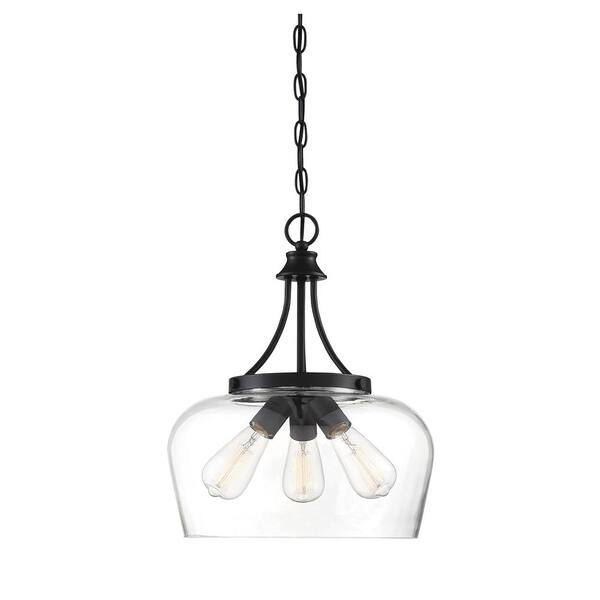 Savoy House Octave 15 in. W x 18 in. H 3-Light Matte Black Shaded Pendant Light with Clear Glass Shade