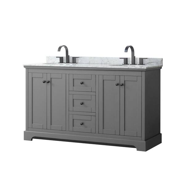 Wyndham Collection Avery 60 in. W x 22 in. D x 35 in. H Double Bath Vanity in Dark Gray with White Carrara Marble Top