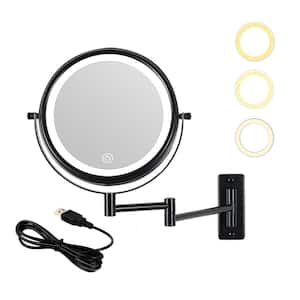 8 in. W x 11.9 in. H 10x Magnification Round Metal Framed Wall Bathroom Vanity Mirror with LED Light in Black