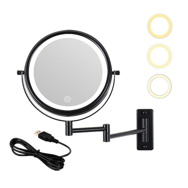 Flynama 8 in. W x 11.9 in. H 10x Magnification Round Metal Framed Wall Bathroom Vanity Mirror with LED Light in Black