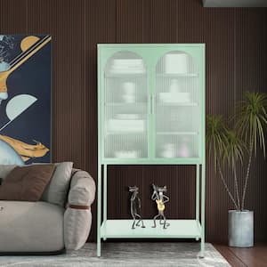 63 in. H Light Green Anti-Tip Tempered Glass Kitchen Cabinet with 2-Arched Doors and Adjustable Shelves and Feet