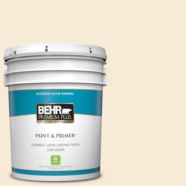 BEHR PREMIUM PLUS 5 gal. #13 Cottage White Satin Enamel Low Odor Interior Paint & Primer
