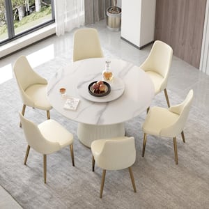 53.1 in. White Modern Round Marble Top Sintered Stone Dining Table with Stainless Steel Base Seats 6