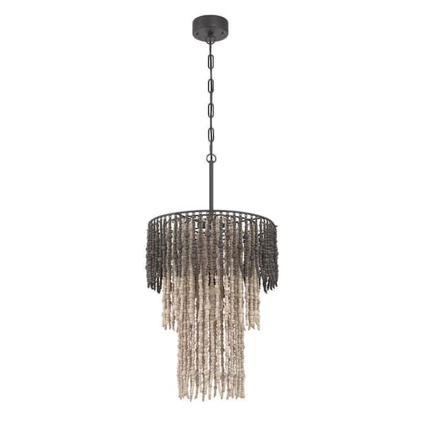 Marin 1-Light Black and White Ombre Round Beaded Wood 3-Tier Chandelier