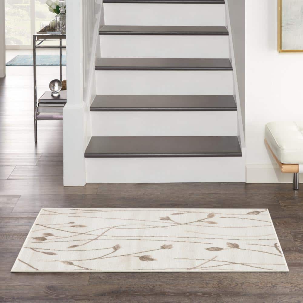 Ivory Beige Floral Rectangular Synthetic Area Rug, 2x4