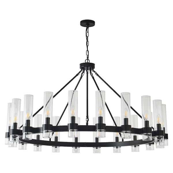 Modern 20-Light Black Wagon Wheel Chandelier with Clear Glass Shade