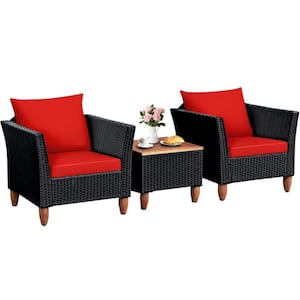3-Piece Wicker Outdoor Patio Conversation Set Furniture Set with Red Cushions and Acacia Wood Coffee Table