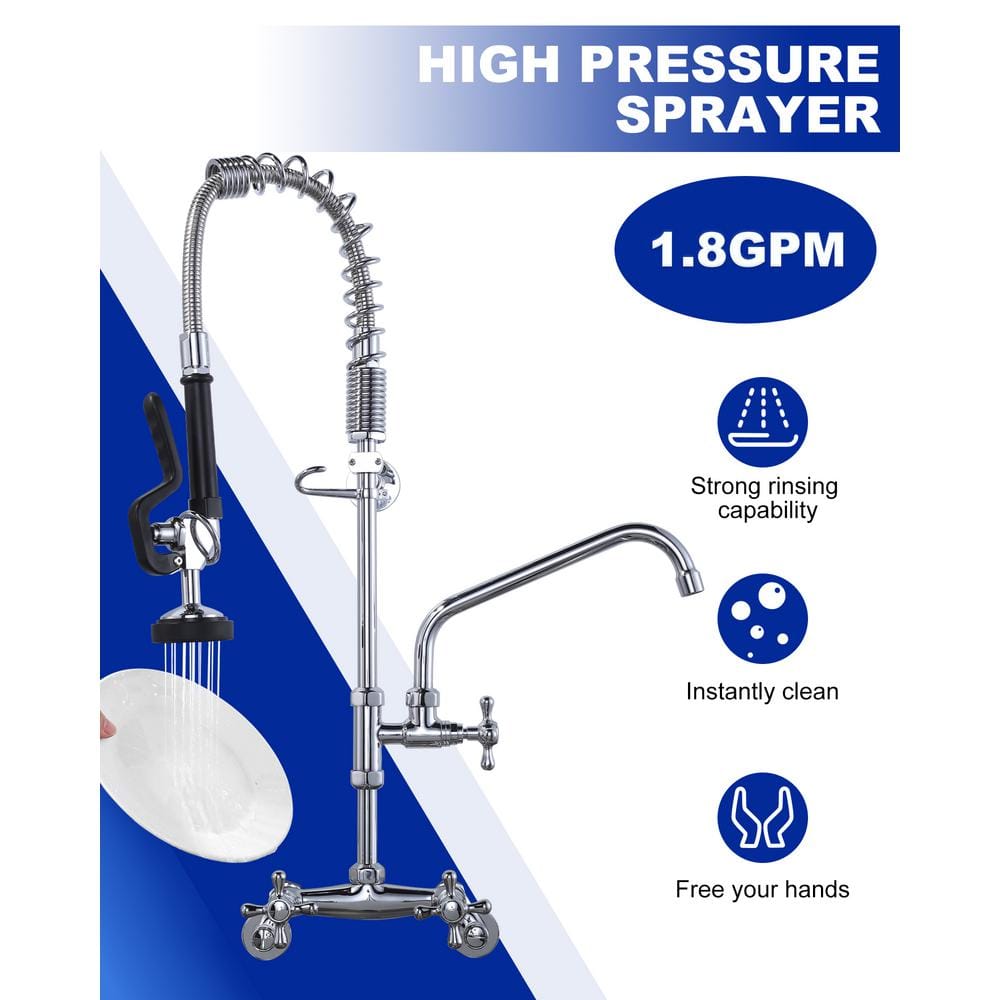 26-Inch Chrome Wall Mount Commercial Kitchen Faucet with Pull-Down Spray