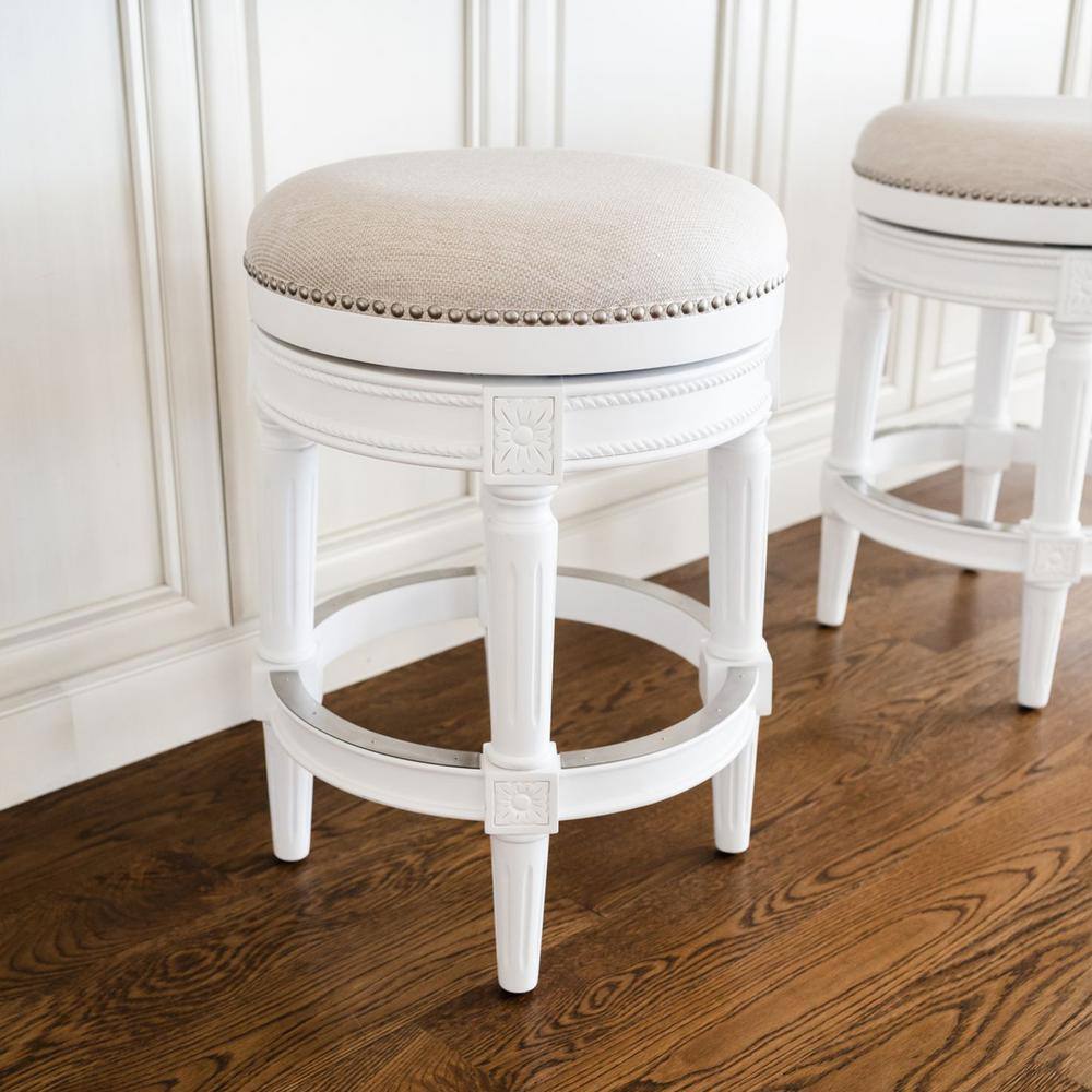 Alabaster White Swivel Backless Bar Stool with Hand-Carved Wood