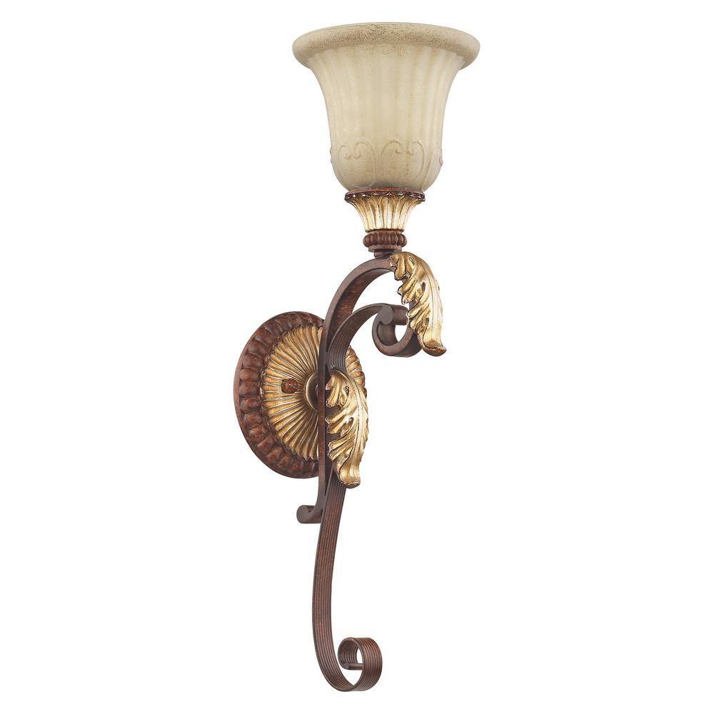 Verona Bronze and Gold Leaf Rustic Art Glass Sconce