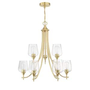 9-Light Gold Shaded Tiered Hanging Chandelier with Clear Glass Shade for Dining Room