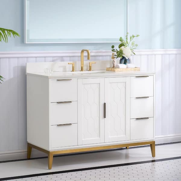 WELLFOR Alison 48 in. W x 22 in. D x 35 in. H CUPC Single Sink Freestanding Bath Vanity in White with Carrera White Qt. Top