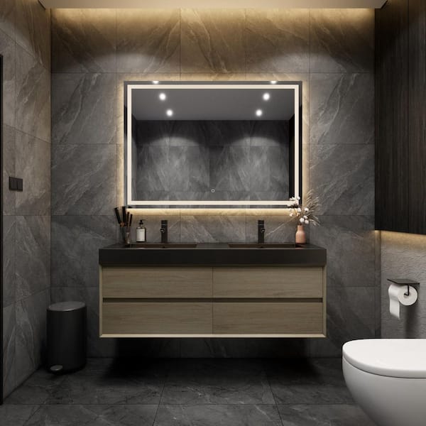 BV Better Vanity MIA 59 in. W. x 20 in. D x 24 in. H Double Sink Floating Bath Vanity in Coffee Wood with Black Stainless-Steel Top