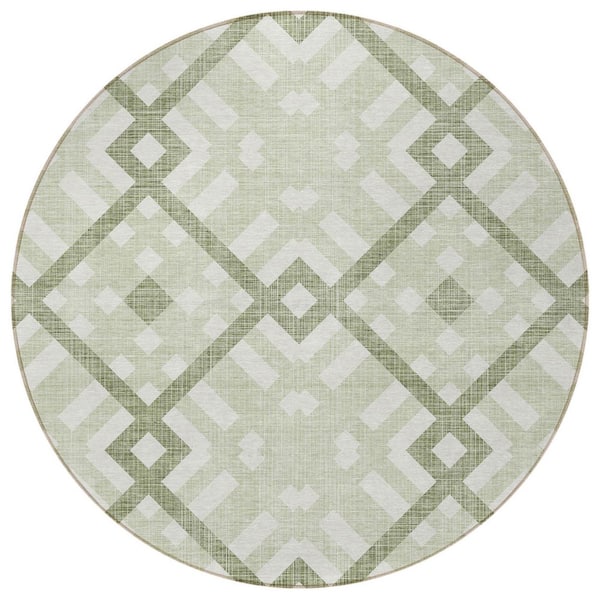 Artichoke Green, Olive Green 8 x 10 ft. Woven Geometric Polyester Round Indoor / Outdoor Area Rug