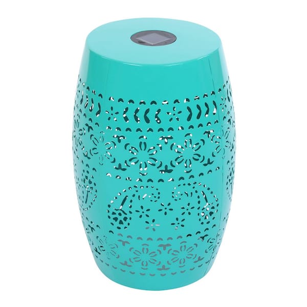Solar Hollow Pattern Metal Outdoor Decorative Stool Courtyard Terrace Multi-Purpose, Blue-Green Side Table