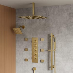 Thermostatic Valve 15-Spray 16 and 6 in. Dual Ceiling Mount Shower Head and Handheld Shower in Brushed Gold