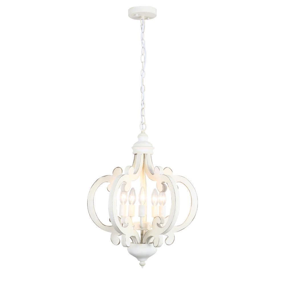 5-Light Distressed White Cottage Chandelier Hanging Ceiling Lamp for Kitche