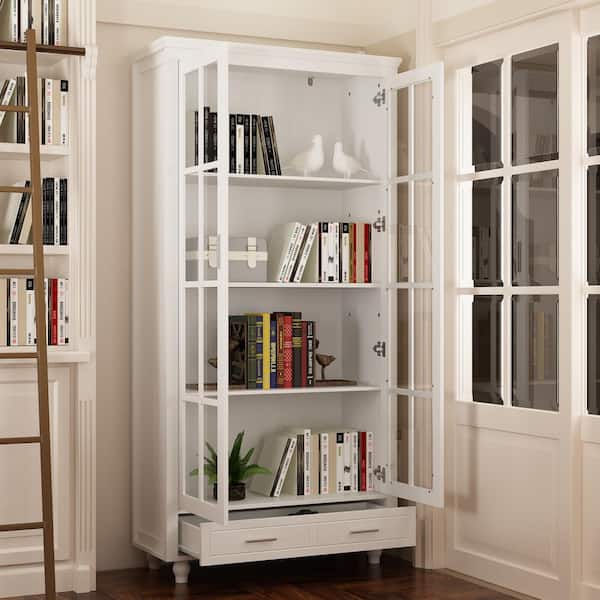 White Wooden 4-Shelf Standard Bookcase Lockers with Tempered Glass Doors, Drawer, Modern Style (70.9 in. H x 36 in. W)